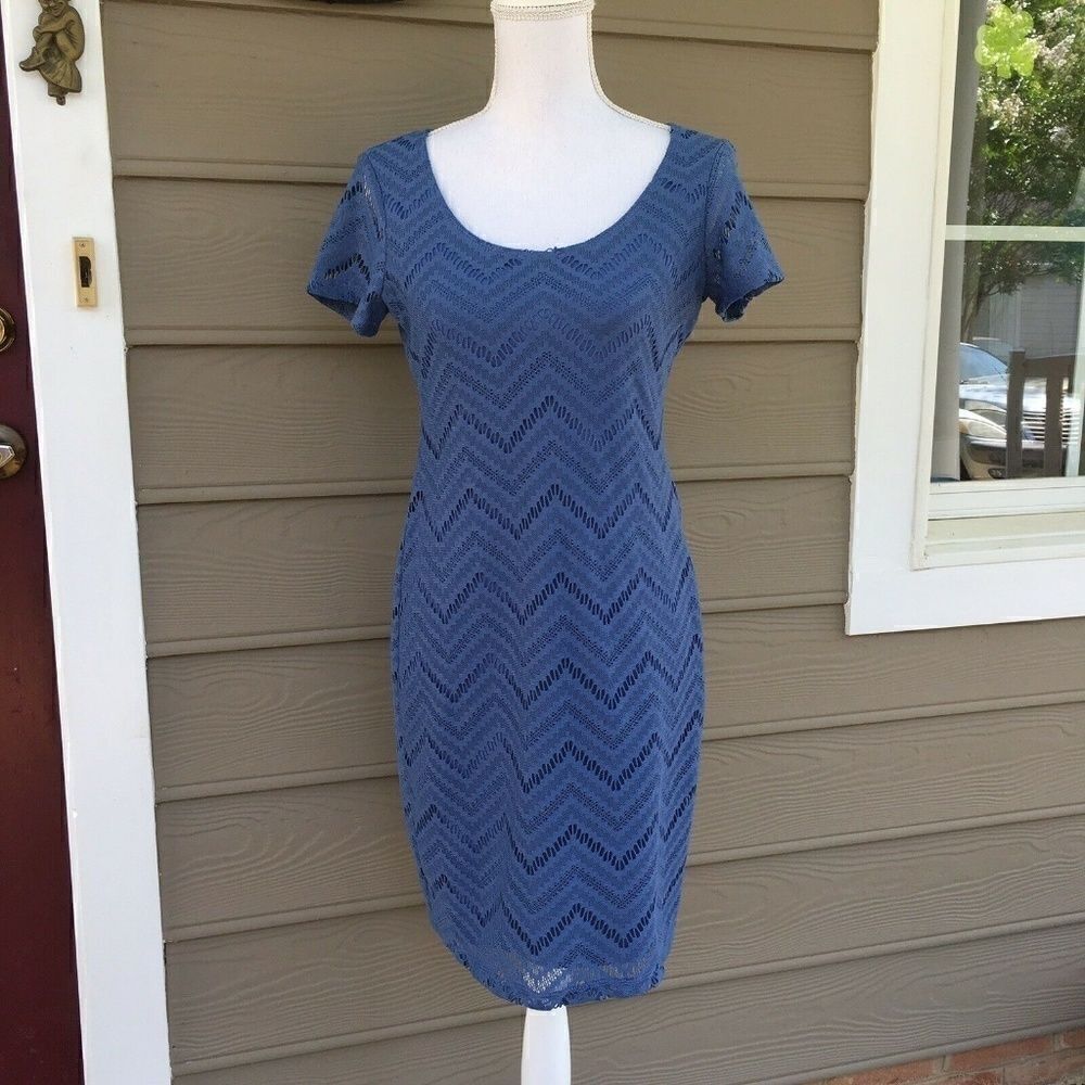 Tiana B Blue Short Sleeve Summer Lace Sheath Dress S